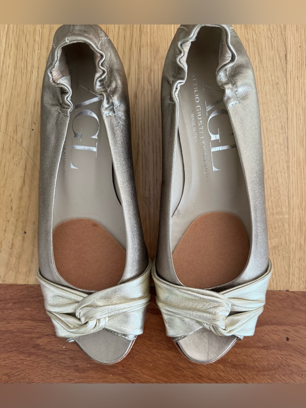 AGL Attilio Giusti Leombruni metallic gold leather peep-toe